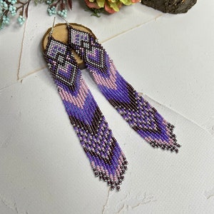 Bead earrings Purple beaded earrings Fringe earrings Boho earring Seed bead earrings Native beaded earrings Long beaded earrings Handmade