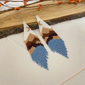 Mountains seed bead earrings Moon beaded earrings  Landscape earrings Nature earrings Fringe beaded earring Long earrings Boho earrings