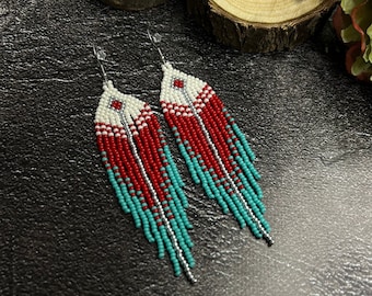 Beaded earrings Red turquoise beaded earrings Long earrings Fringe earrings Native earrings Boho earrings Drop earrings Handmade earrings