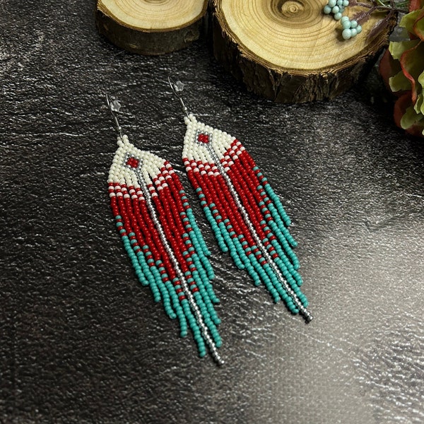 Beaded earrings Red turquoise beaded earrings Long earrings Fringe earrings Native earrings Boho earrings Drop earrings Handmade earrings