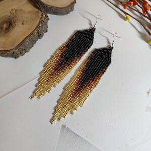 Beaded earrings Native earrings Black gold earrings Cute earrings Drop earrings Statement earrings Boho earrings Gift for her Long earrings