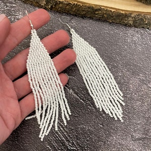 White beaded earrings White fringe earrings Long beaded earrings Boho earrings Wedding earrings Gift for her Evening earrings