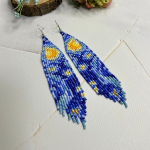 Beaded earrings Fringe earrings in Van Gogh style Starry sky earrings Moon beaded earrings Artistic earrings Long earrings Handmade jewelry