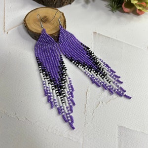 Purple beaded earrings Native earrings Boho earrings Fringe earrings Long earrings Lilac earrings Gifts for her Cute earrings Drop earrings