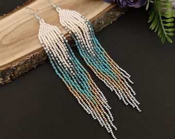bead earrings,Long earrings, turquoise gold earrings, fringe earrings, seed bead earrings, boho earrings, family earrings, gifts for her