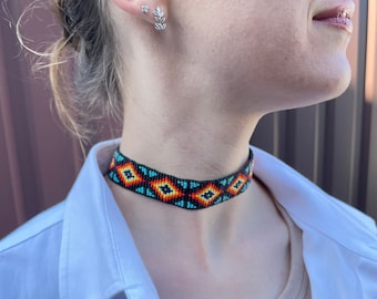 Beaded choker necklace Native necklace Colorful choker necklace Ornament seed bead necklace Black bead loom choker Ethnick choker