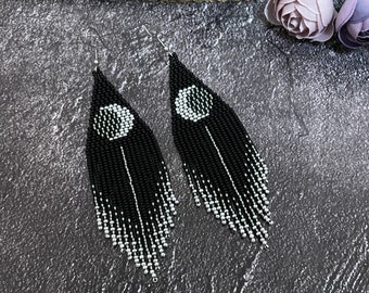 Crescent moon black earrings Moon beaded earrings Fringe earrings Moon phase boho earrings Gift for her Long earrings Earrings moon