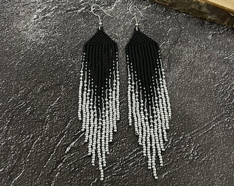 Black silver beaded earrings Long earrings Shiny earrings Fringe earrings Boho earrings Handmade earrings Native earrings Drop earrings