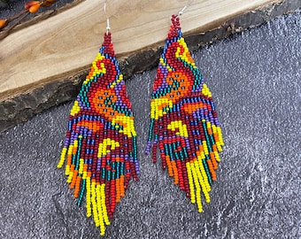 Multicolor beaded earrings Long earrings with fringes Boho earrings Drop earrings Handmade earrings Native earrings Seed bead earrings