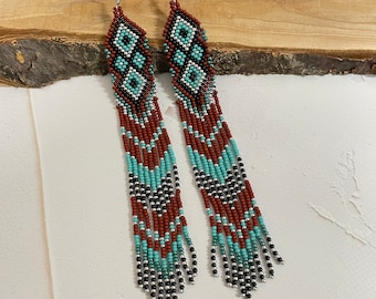 Beaded earrings Turquoise fringe earrings Native earrings Long earrings Boho earrings Handmade earrings Ornament earrings Statement earrings