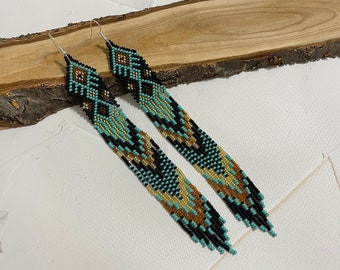 Turquoise Beaded Earrings Native earrings Long earrings Drop earrings Turquoise gold earrings Boho earrings Fringe earrings Cute earrings