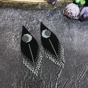 Crescent moon black earrings Moon beaded earrings Fringe earrings Moon phase boho earrings Gift for her Long earrings Earrings moon