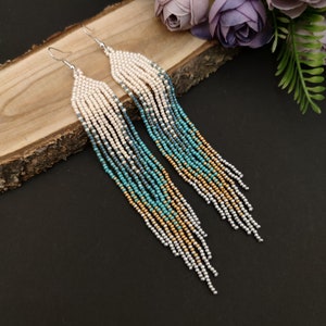 bead earrings,Long earrings, turquoise gold earrings, fringe earrings, seed bead earrings, boho earrings, family earrings, gifts for her