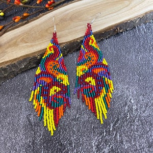 Multicolor beaded earrings Long earrings with fringes Boho earrings Drop earrings Handmade earrings Native earrings Seed bead earrings