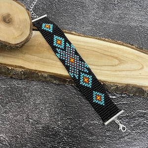 Beaded bracelet Loom bracelet Native beaded bracelet Black turquoise bracelet Beaded cuff bracelet Ornament bracelet Geometric bracelet