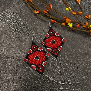 Beaded earrings Floral beaded earrings Red flowers earrings Handmade earrings Red earrings Big earrings Drop earrings Boho earrings Gift