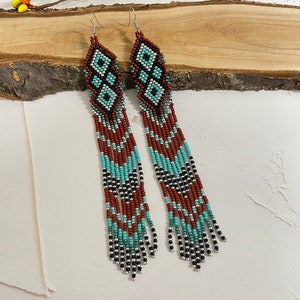 Beaded earrings Turquoise fringe earrings Native earrings Long earrings Boho earrings Handmade earrings Ornament earrings Statement earrings