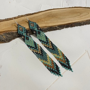 Turquoise Beaded Earrings Native earrings Long earrings Drop earrings Turquoise gold earrings Boho earrings Fringe earrings Cute earrings