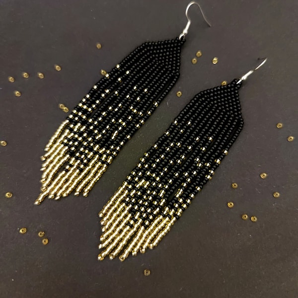 Black gold beaded earrings Earrings gradient Drop earrings Native earrings Gift For her Boho earrings  Fringe earrings Long earrings