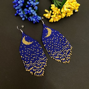 Moon night beaded earrings Beaded earrings Drop earrings  Boho earrings Fringe earrings Night bead earrings Long earrings Dangle earrings