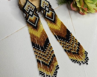 Bead earrings Gold beaded earrings Long beaded earrings Fringe earrings Boho earrings Native earrings Handmade earrings Statement earrings