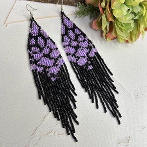 Bead earrings Black purple earrings Long earrings Fringe earrings Boho earrings Handmade earrings Unique earrings  Native earrings
