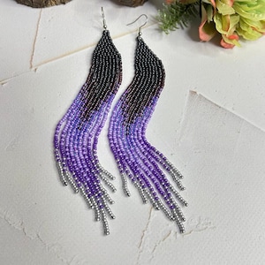 Beaded earrings Purple beaded earrings Long earrings Fringe earrings Native earrings Boho earrings Drop earrings Handmade earrings Gift