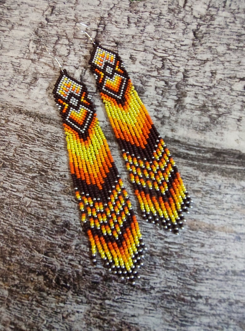 Yellow long beaded earrings Native earrings Statement earrings Etsy