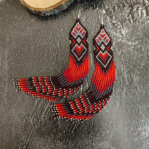 Beaded Earrings Native Beaded Earrings Long Beaded Earrings Boho Earrings Red Fringed Earrings Long Red Earrings Handmade earrings