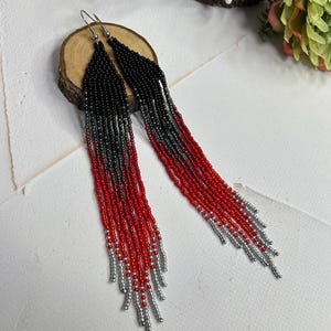 Red beaded earrings Long earrings Fringe earrings Black earrings Boho earrings Handmade earrings Beadwork earrings Ombre earrings