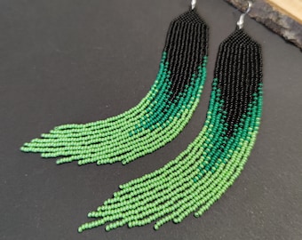 Long green beaded earrings Fringe earrings Ombre earrings Black green earrings Extra long earrings Drop earrings Ukrainian seller
