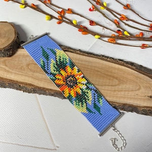 Beaded bracelet Sunflower bracelet Flower bracelet Loom bracelet Yellow blue bracelet Native bracelet Beaded cuff bracelet Boho bracelet
