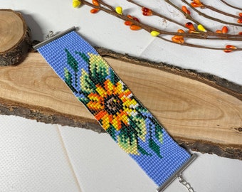 Pulsera con cuentas Pulsera de girasol Pulsera de flores Pulsera de telar Pulsera azul amarilla Pulsera nativa Pulsera de puño con cuentas Pulsera Boho