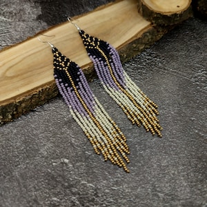 Beaded earrings,purple and gold earrings, long earrings, boho earrings,fringe earrings,drop earrings,handmade earrings,extra long earrings