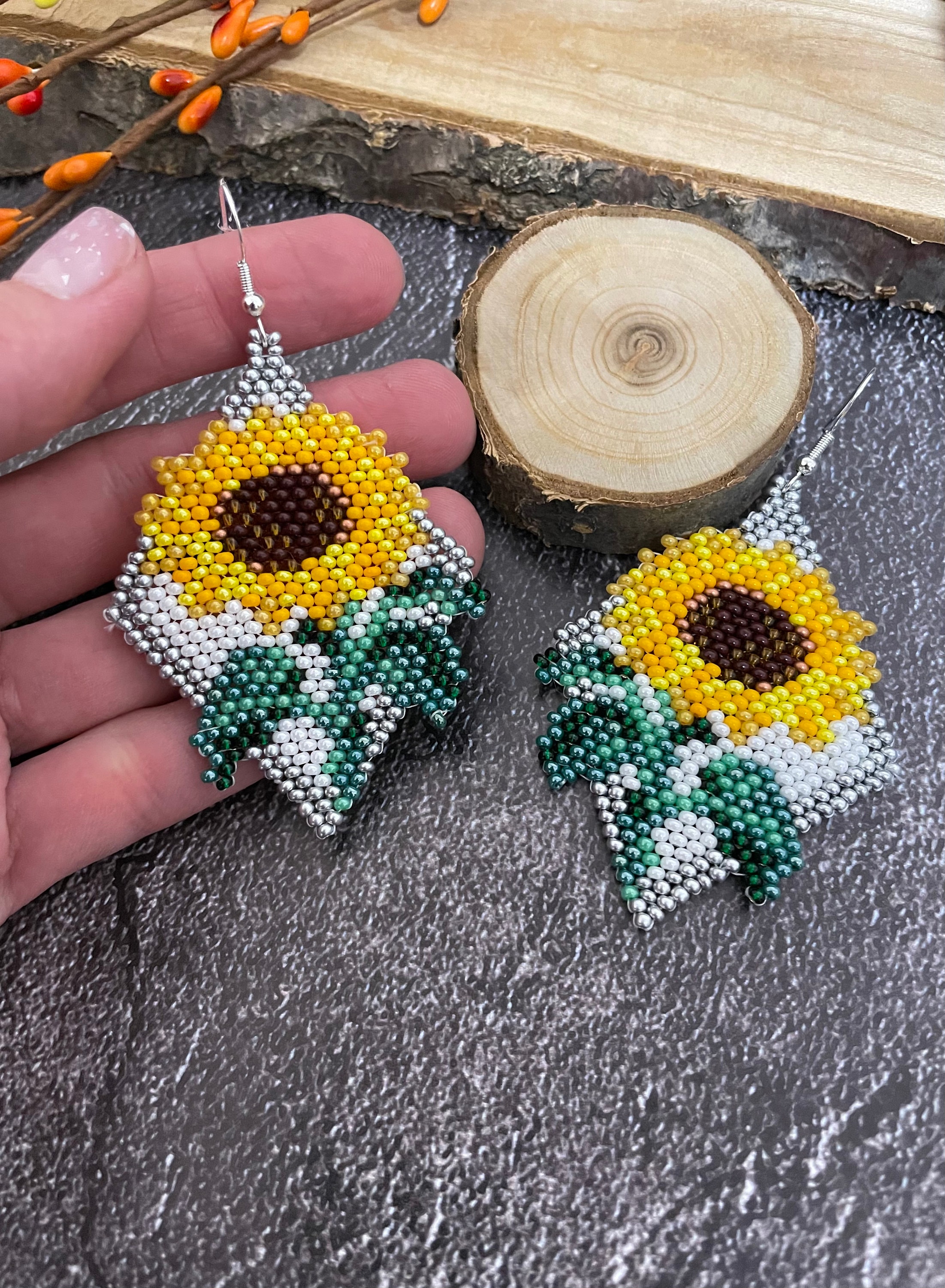 Sunflower beaded earrings deals