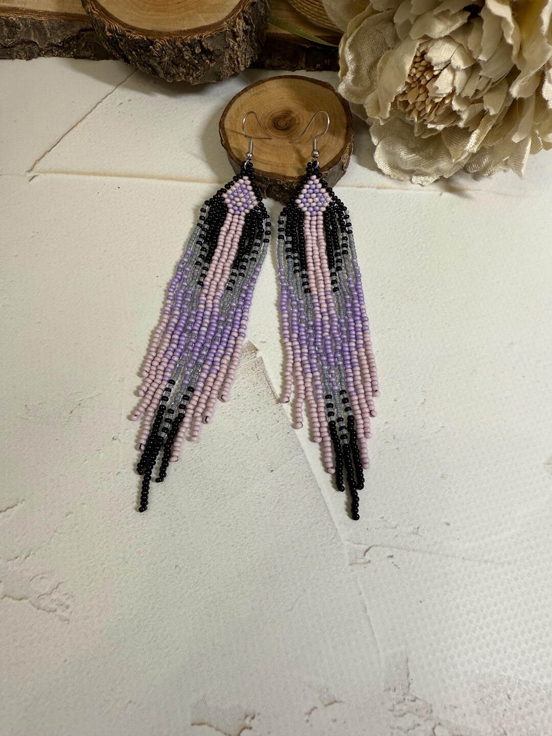 Black Pink Beaded Earrings Fringe Earrings Long Earrings Boho Earrings ...