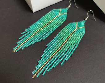 Seed bead earrings Turquoise earrings Drop earrings Gift for her Long earrings Boho earrings Cute earrings Fringed earrings