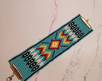 Turquoise Chevron Native, Mexican Style Boho Bracelet,Beaded Jewelry, Huichol Bracelet  Bold Beaded Bracelet Blue Peyote Bracelet Gift