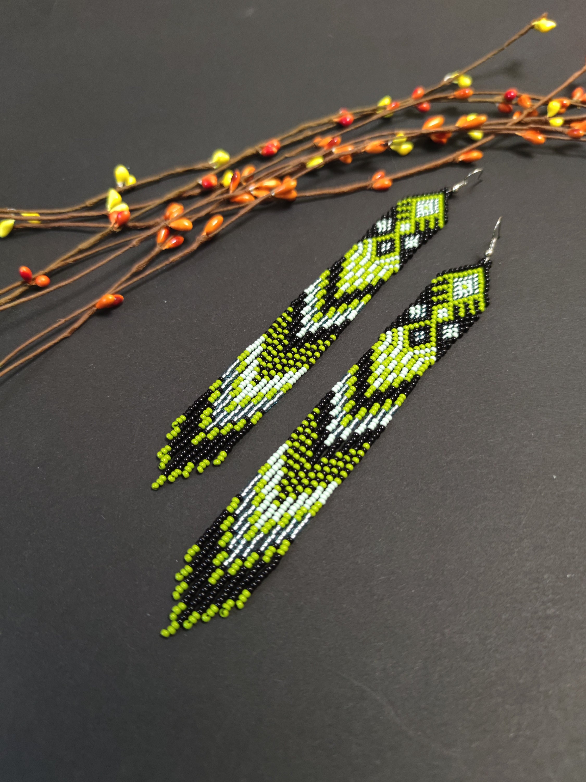 Beaded earrings black green Native earrings Long earrings Boho earrings Ethno earrings Fringe earrings Long green earrings Gifts for her