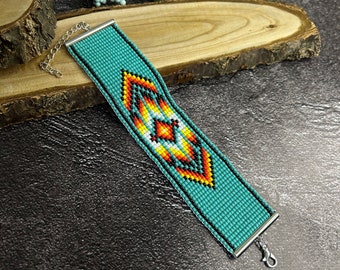 Turquoise Chevron Native, Mexican Style Boho Bracelet,Beaded Jewelry, Huichol Bracelet  Bold Beaded Bracelet Blue Peyote Bracelet Gift