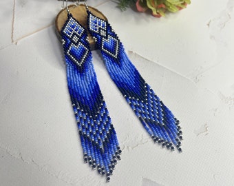 Blue beaded earrings Native earrings Statement earrings Gift for her Drop earrings Boho earrings Long blue earrings  American earrings