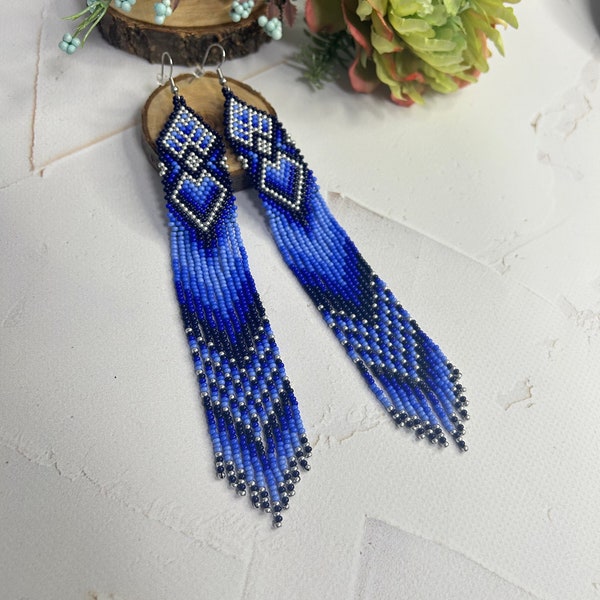 Blue beaded earrings Native earrings Statement earrings Gift for her Drop earrings Boho earrings Long blue earrings  American earrings