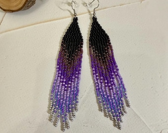 Handmade Purple Fringe Earrings , Beaded Boho Jewelry,Statement Earrings , Lightweight Dangle Earrings