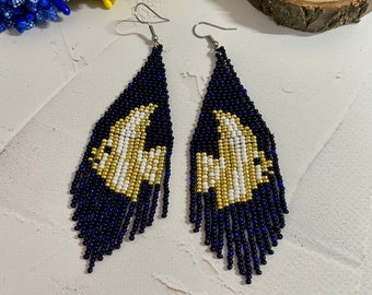 Perlenohrringe Einzigartige blaue Ohrringe mit Fischen Blaugoldohrringe Handgemachte Ohrringe Fischohrringe Boho Ohrringe Fransenohrringe Lange Ohrringe
