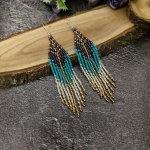 bead earrings,turquoise gold earrings,seed bead earrings,native earrings,boho earrings,long earrings,fringe earrings,handmade earrings