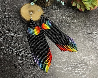 Heart beaded earrings Long earrings Black earrings Rainbow earrings Drop earrings Boho earrings Colorful earrings Fringe earrings