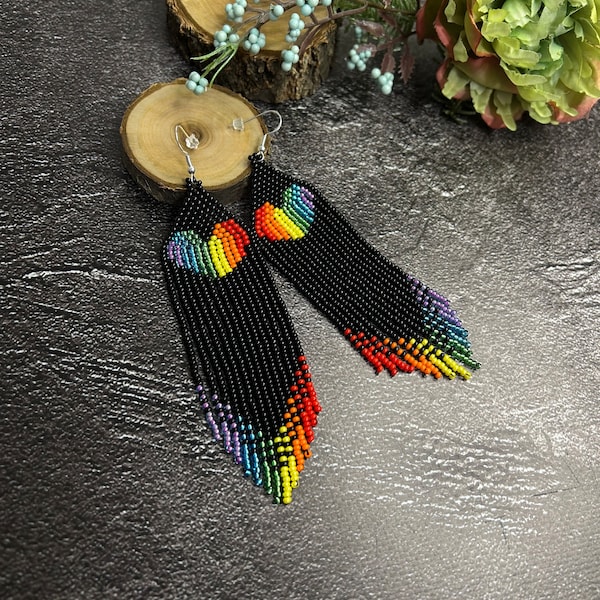 Heart beaded earrings Long earrings Black earrings Rainbow earrings Drop earrings Boho earrings Colorful earrings Fringe earrings