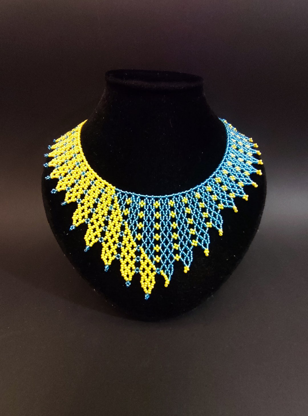 Yellow Blue Beaded Necklace Statement Necklace Boho Necklace Beaded