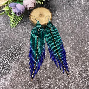 Bead earrings Green earrings Native earrings Seed bead earrings Fringe earrings Boho earrings Handmade earrings Green blue earrings