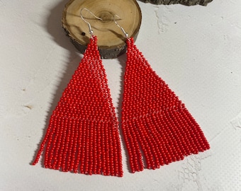 Red fringe beaded earrings Big earrings Long earrings Drop earrings Gifts for her Boho earrings Monochrome earrings Fashion earrings